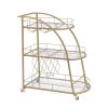 Golden Mobile Bar Serving Cart with Wine Rack and Glass Holder, 3-tier Shelves, Metal Frame and Temper Glass