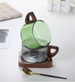 Borosilicate Glass Teacup Color Creative Coffee Milk Coffee Cup With Plate American Latte Cup (Option: Greens-220ml-Wooden plate and spoon)