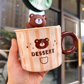 Mug With Lid Couple Little Bear Ceramic Water Cup Girls Creative Breakfast Cup (Option: With Lid Vertical Pattern-410ML)