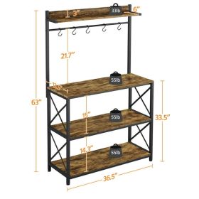 4-Tier Bakers Rack Kitchen Storage Shelf with S-Hooks (Color: Rustic Brown)